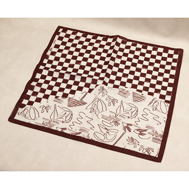 Retro Check Art Desenli Kahverengi Kadın Saten Fula