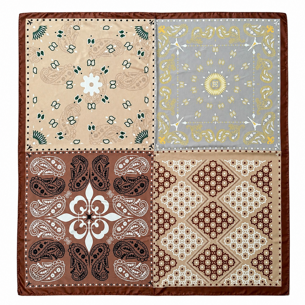 Premium Patchwork Desenli Kare Polyester Fular Toprak Tonlar