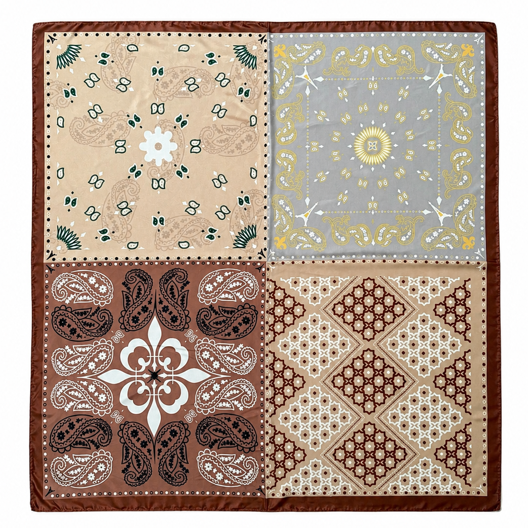 Premium Patchwork Desenli Kare Polyester Fular Toprak Tonlar