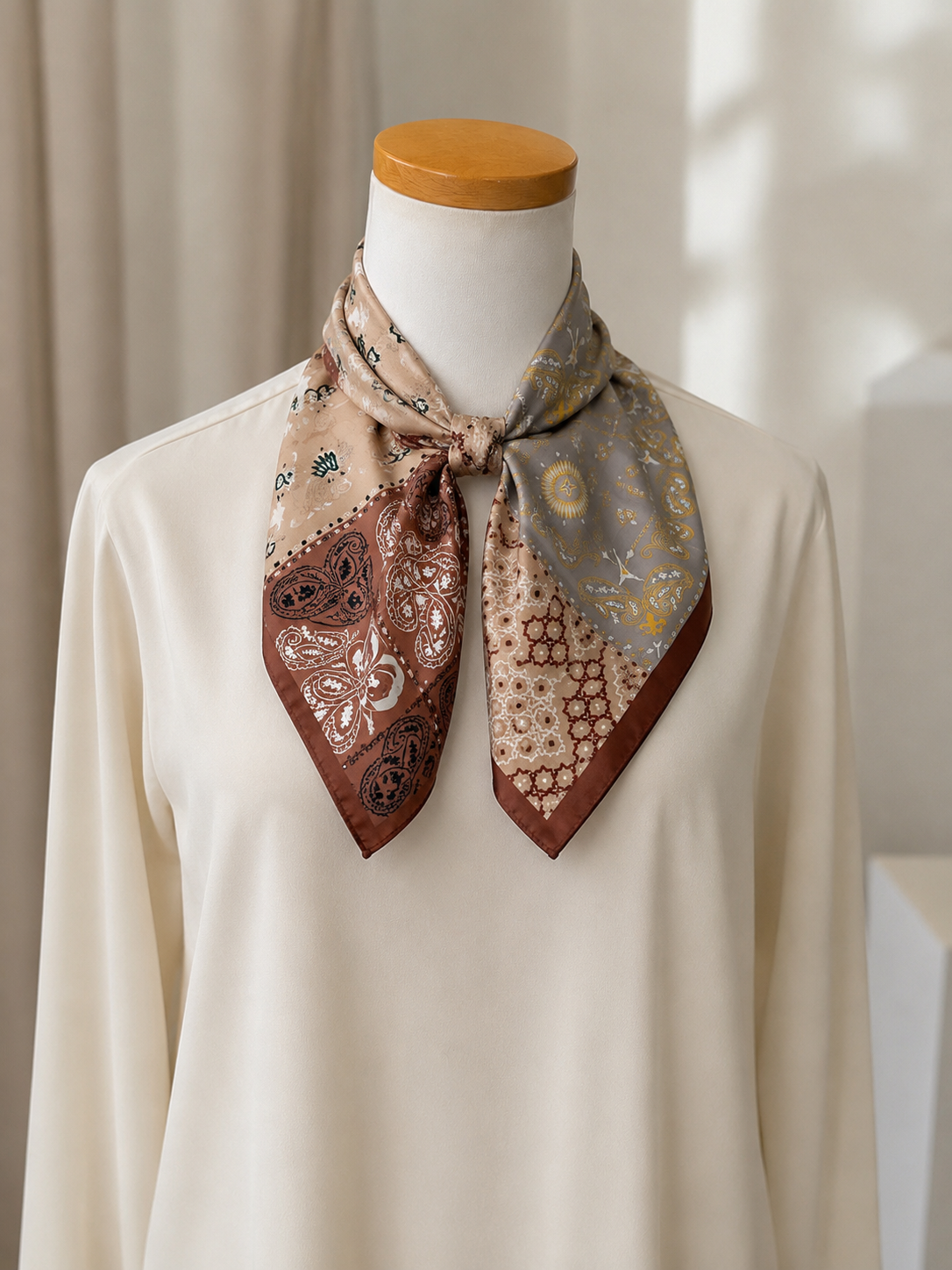 Premium Patchwork Desenli Kare Polyester Fular Toprak Tonlar